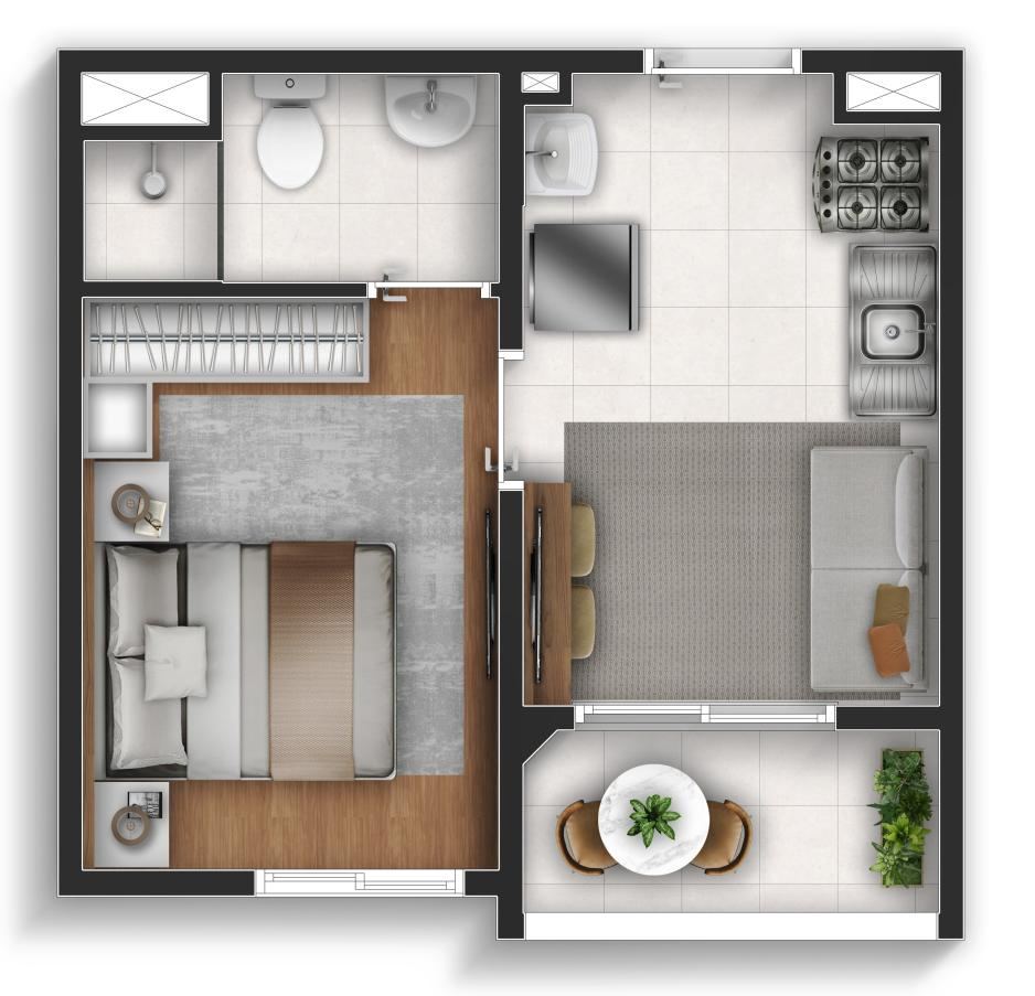Planta Start, 25 m², 1 quarto com varanda
