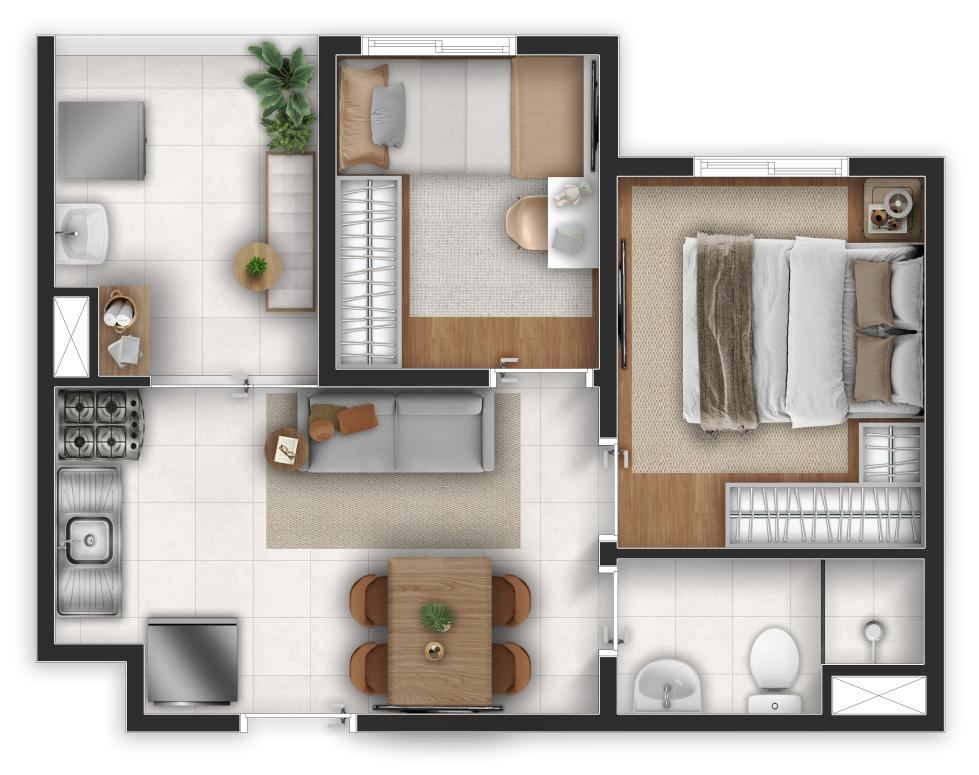 Planta Space, 34 m², 2 quartos com varanda