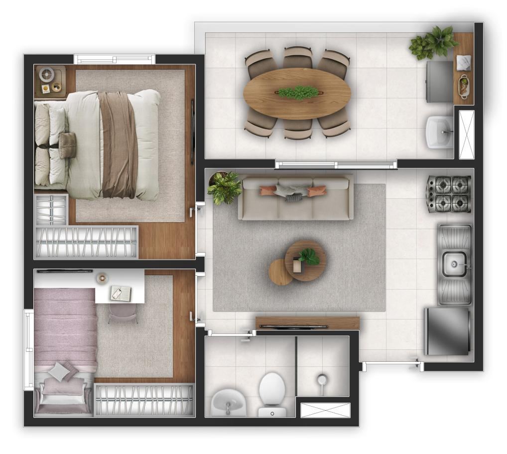 Planta Max, 37 m², 2 quartos com varanda